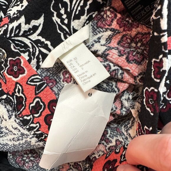 NWT H&M Flare Floral Print Peach Black & White Pleated Midi-Skirt Pockets 2 - Picture 7 of 13